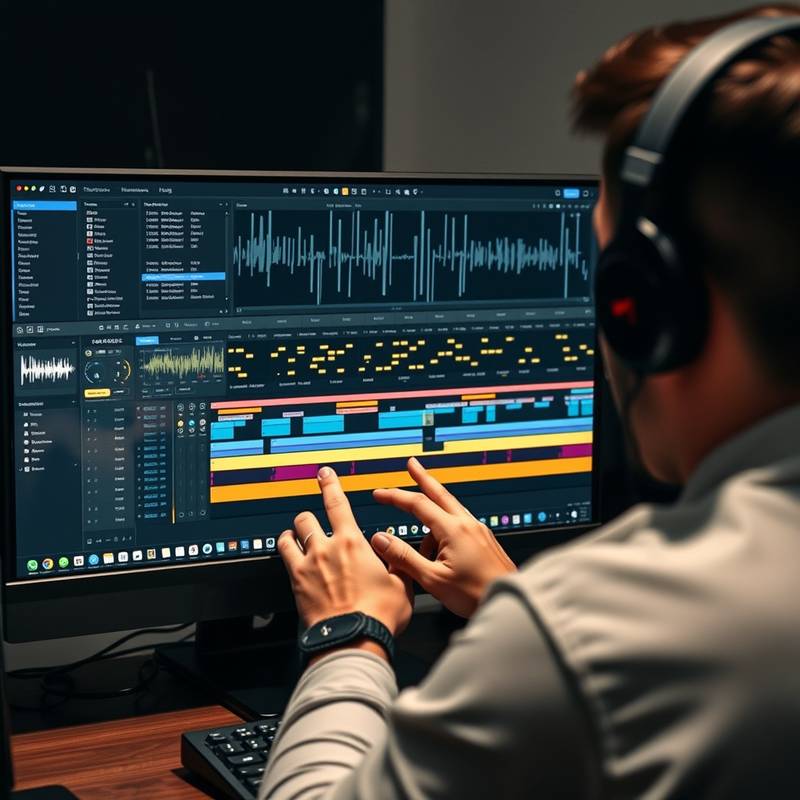 En person der arbejder på en computer med lydredigeringssoftware. Skærmen viser et komplekst arrangement af lydspor og effekter.