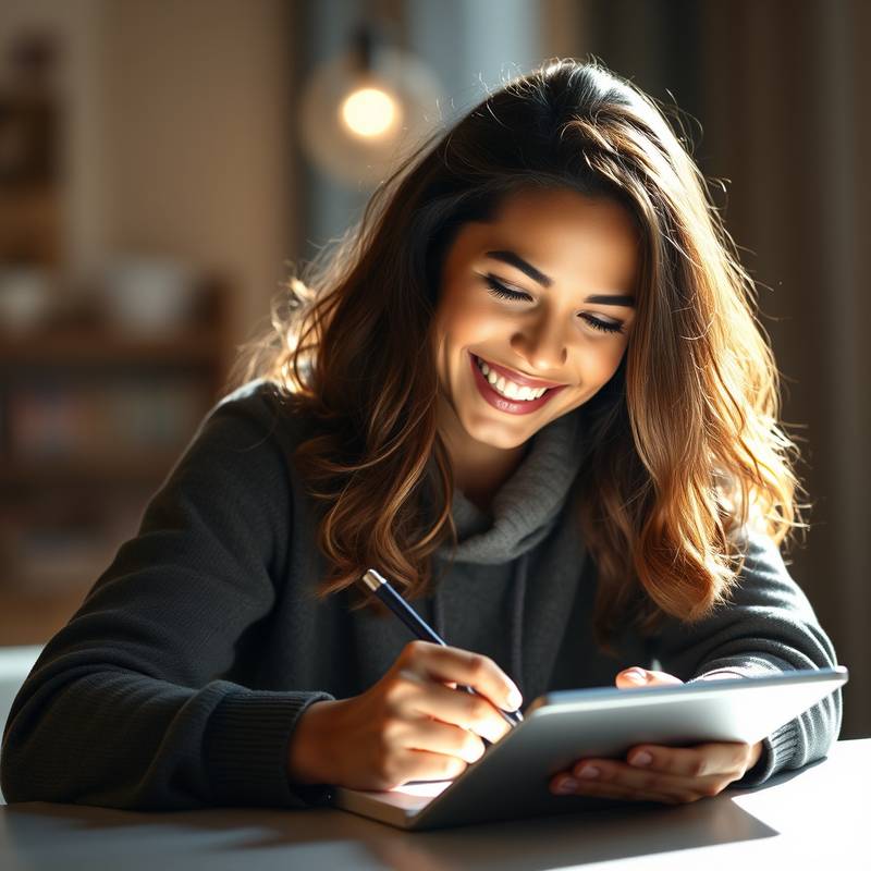 En person der skriver på en tablet med et smil, sandsynligvis ved at sende en besked.