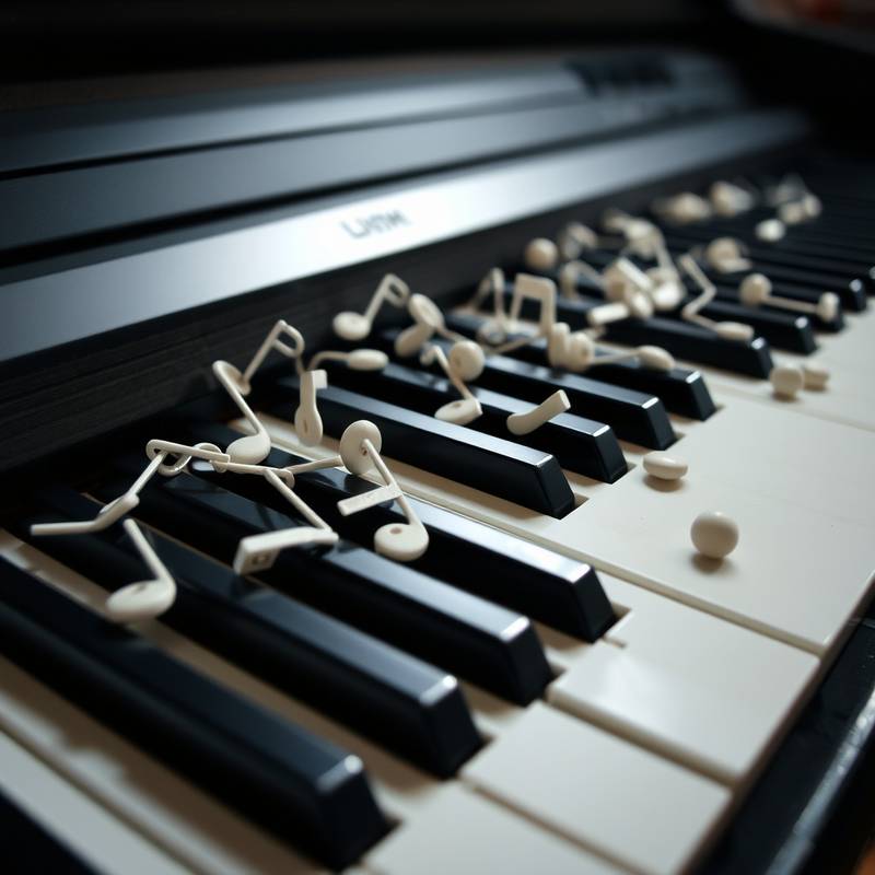 Et keyboard med noder der ligger spredt omkring det, symboliserende komposition.