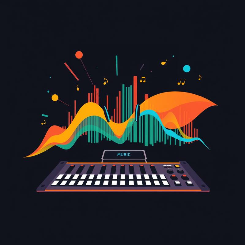 Grafisk illustration af en lydbølge der repræsenterer musikproduktion.